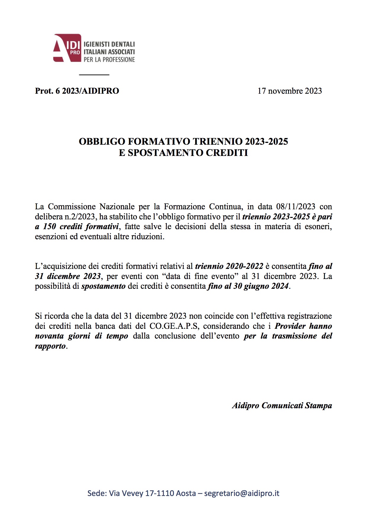 OBBLIGO FORMATIVO TRIENNIO 20232025 E SPOSTAMENTO CREDITI AIDI Italia